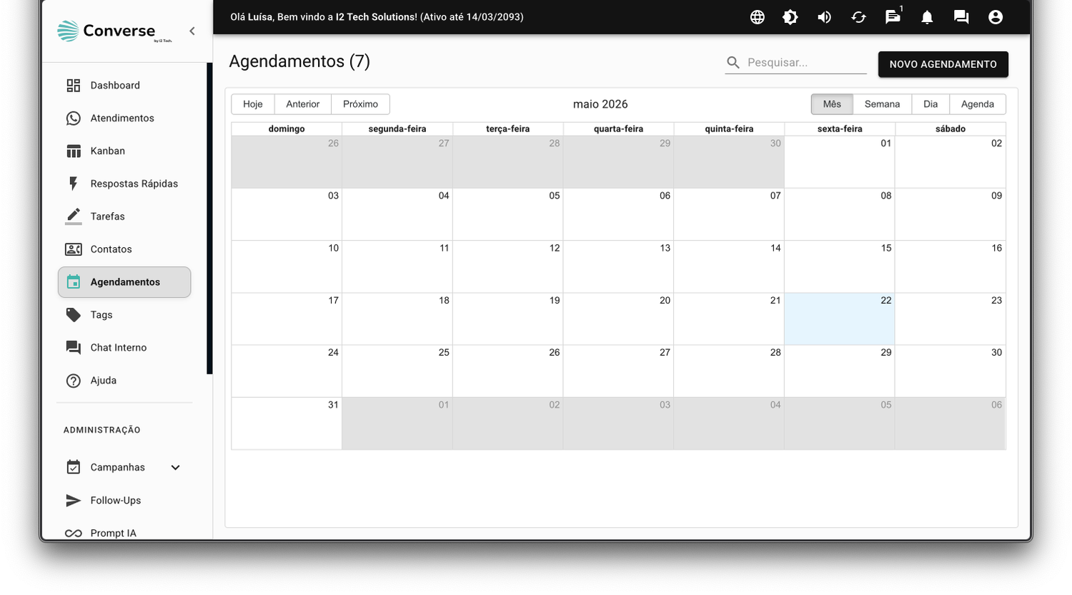 Calendário de agendamentos da plataforma Converse