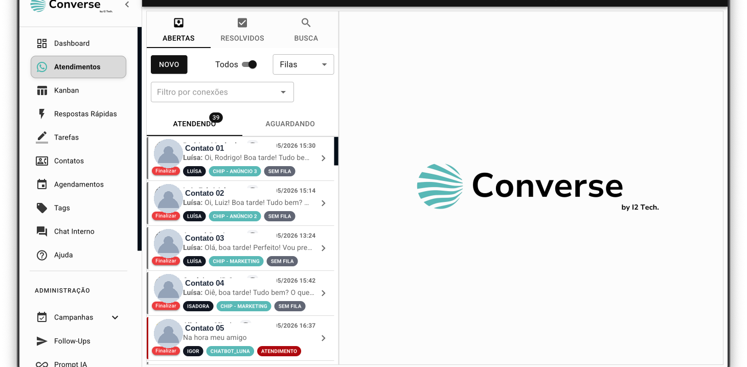 Tela de atendimentos da plataforma Converse