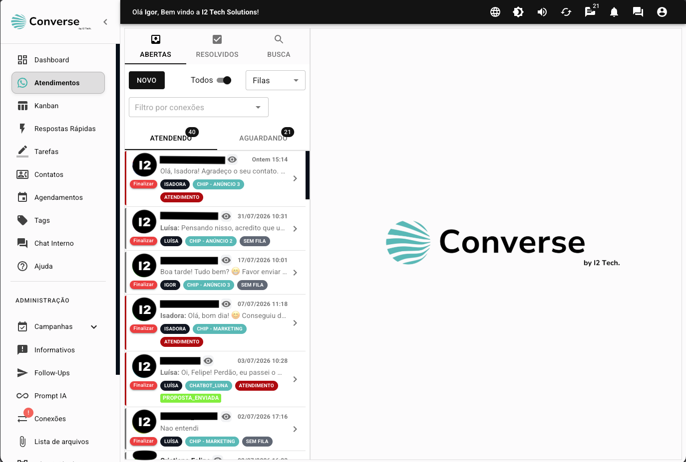 Tela de atendimentos da plataforma Converse